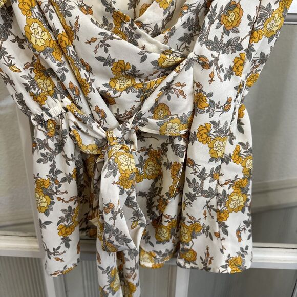 MAX STUDIO Yellow Floral Peplum Blouse Tie Waist Flutter Sleeve Womens S - Picture 6 of 13